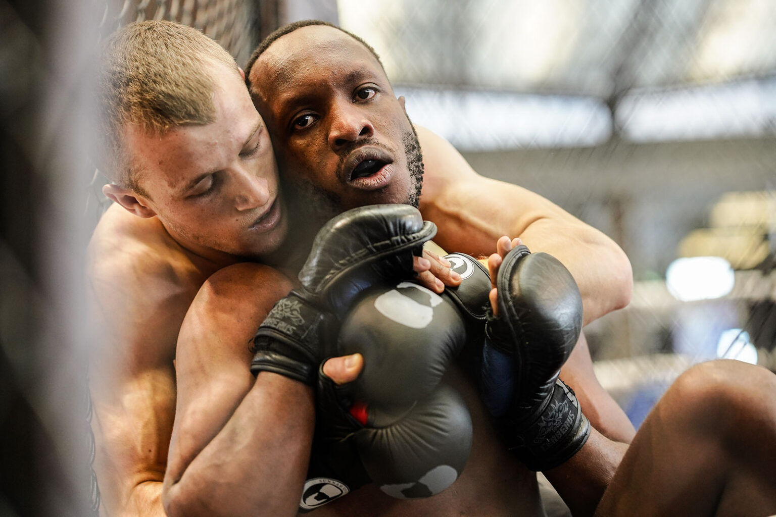 Intensiver Grappling-Moment im MMA-Käfig – festgehalten von Sternenschmiede Media in Offenbach.