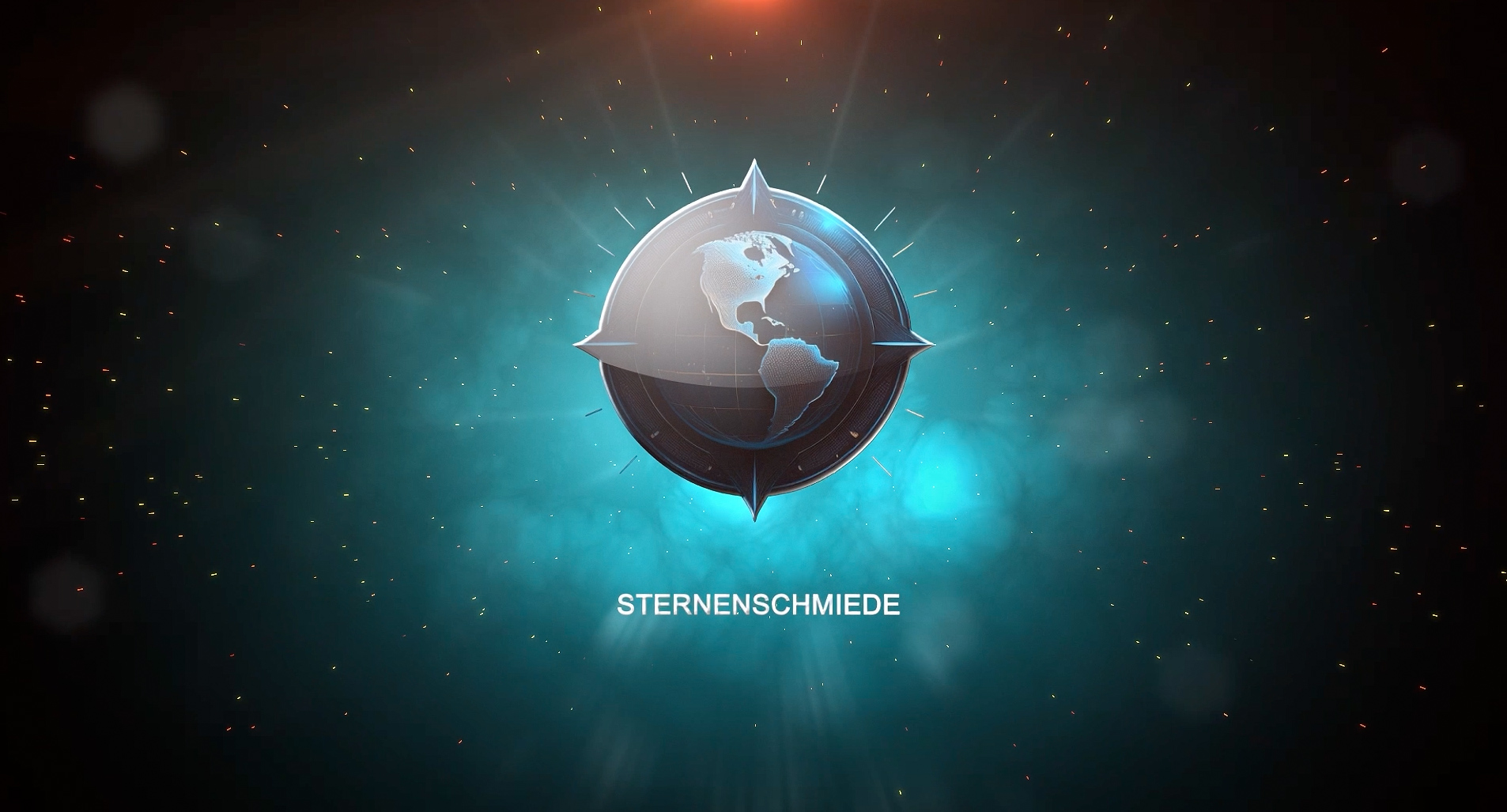 3D-Logo mit Weltkugel und Lichtstrahlen – Symbol für Sternenschmiede, das Fotografie, Film und visuelles Storytelling in Offenbach und Frankfurt repräsentiert.